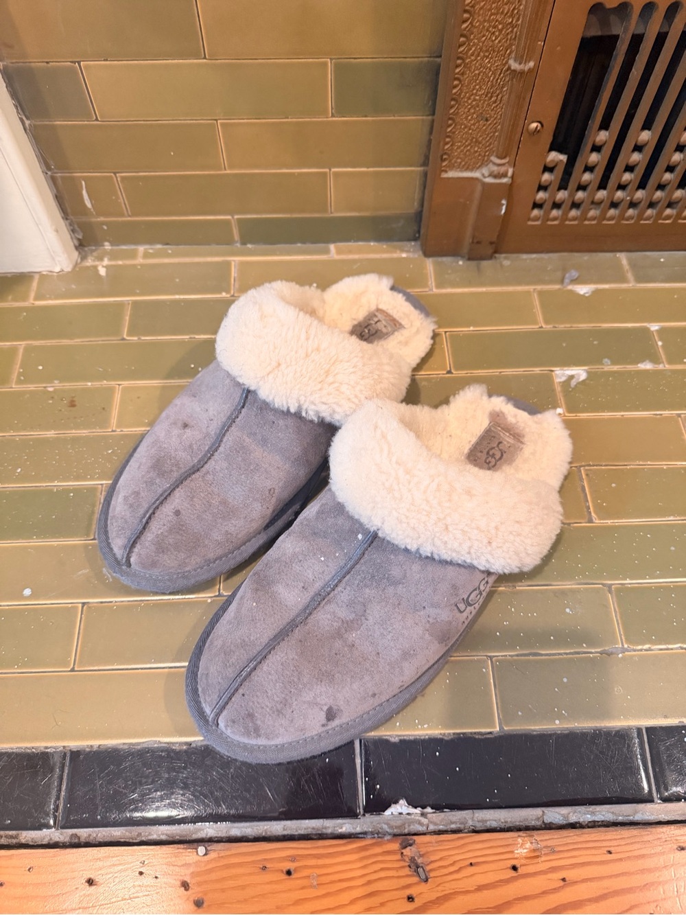 UGG Women's Light Gray Suede Shearling Mule Slippers with Cream Cuff
